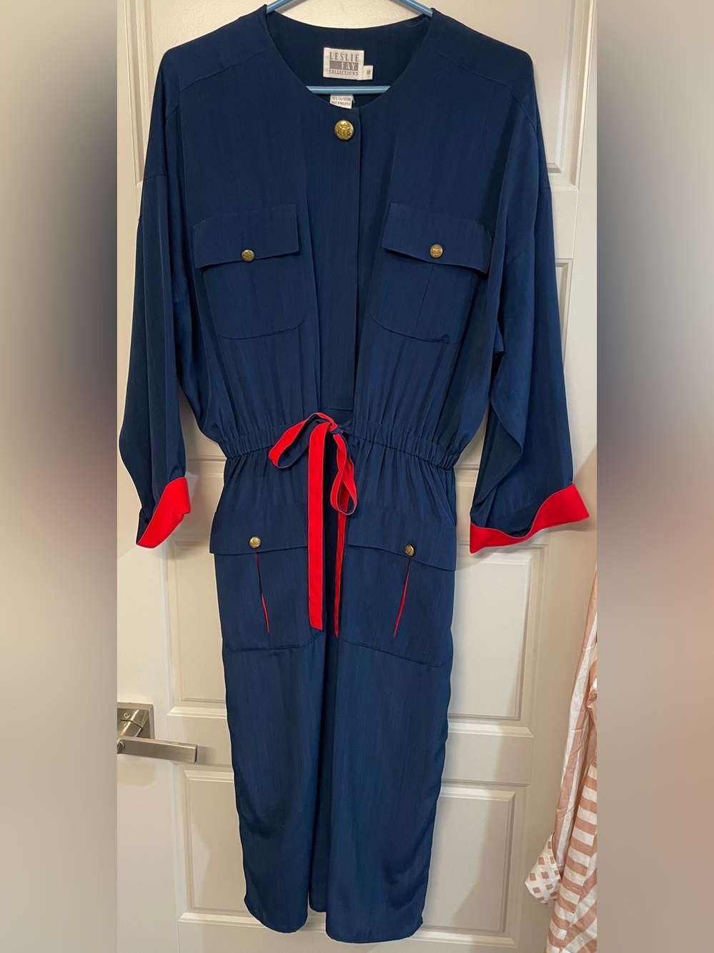 Vintage Leslie Fay 80’s Office Chic Navy & Red Trim Dress